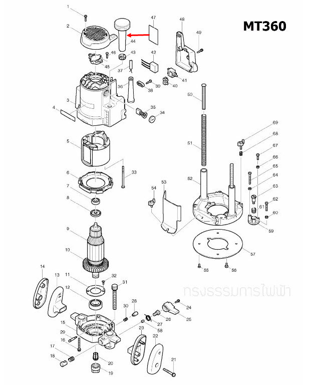 KNOB 50 COMPLETE เราท์เตอร์ Maktec มาคเทค, Makita มากีต้า MT360, MT362, M3600, M3600B [#44] Pn.153764-6 (แท้) ##(*)