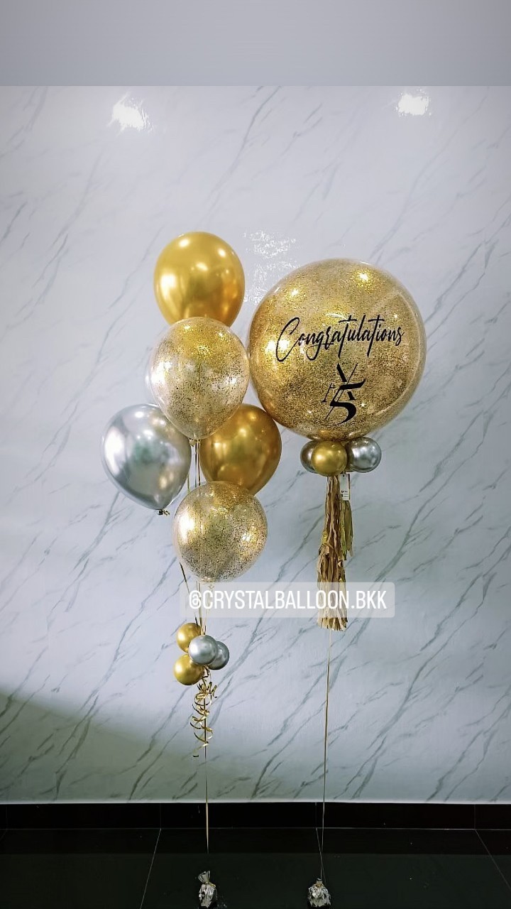 ลูกโป่ง เปิดงาน Bubble ขนาด 24" สีทอง พร้อมตกแต่ง ช่อลูกโป่ง 6 ลูก 1 ช่อ,ลูกโป่งใส ใส่กลิตเตอร์ สามารถเปลี่ยนสีลูกโป่ง/เปลี่ยนข้อความ/เปลี่ยนขนาดได้