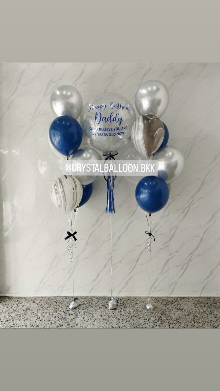 ลูกโป่ง วันเกิด Bubble ขนาด 24" กลิตเตอร์สีเงิน พร้อมตกแต่ง ช่อลูกโป่ง 7 ลูก 2 ช่อ,ลูกโป่งลายหิน USA 4 ลูก สามารถเปลี่ยนสีลูกโป่ง/เปลี่ยนข้อความ/เปลี่ยนขนาดได้
