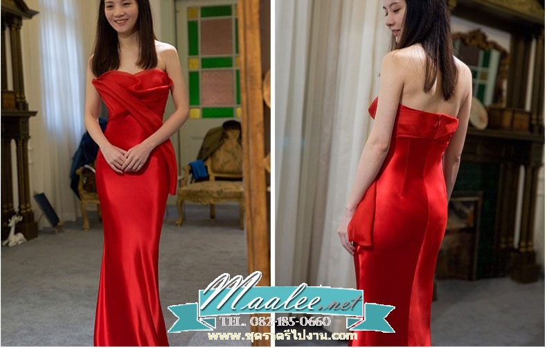 พร้อมเช่า ชุดเจ้าสาว/เพื่อนเจ้าสาว ราตรียาว แบบเกาะอก ทรงหางปลา สีแดง เรียบหรู แต่งผ้าแก้วช่วงอก กระโปรงผ้าซาติน ชายยาว (เชือกผูกหลัง)