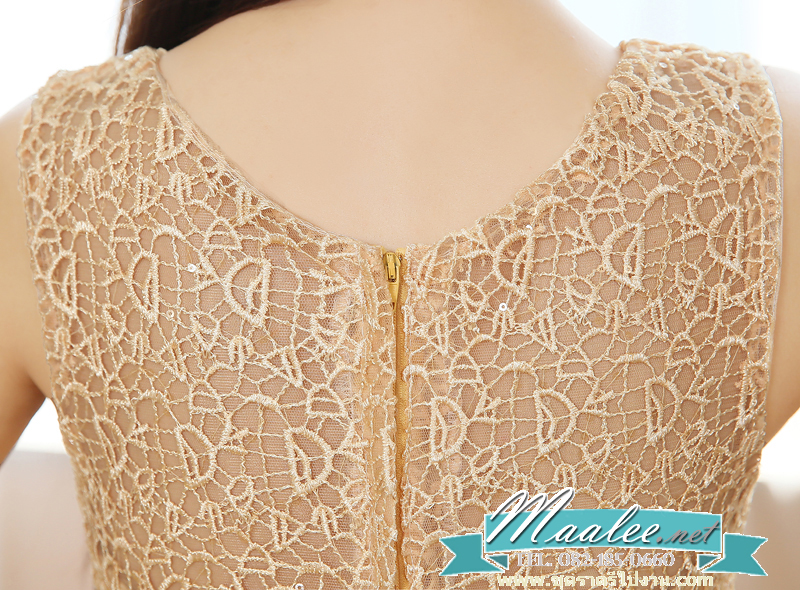 พร้อมเช่า ชุดราตรียาว แขนยาว แต่งลูกไม้ฉลุ ผาคาดเอวซาติน สีทอง สวยเรียบหรู