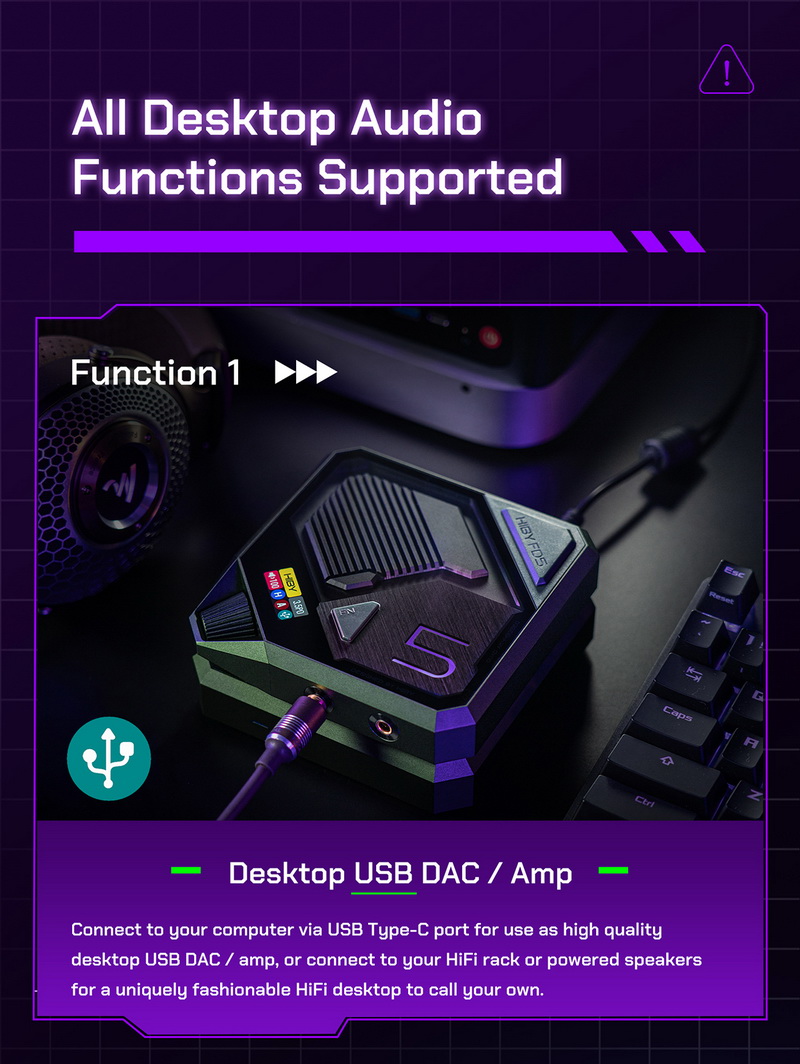 Hiby FD5 DAC/AMP ตั้งโต๊ะ Class A/AB ชิป AKM4493 x4 ในธีมไซเบอร์พังค์ รองรับ MQA ประกันศูนย์ไทย