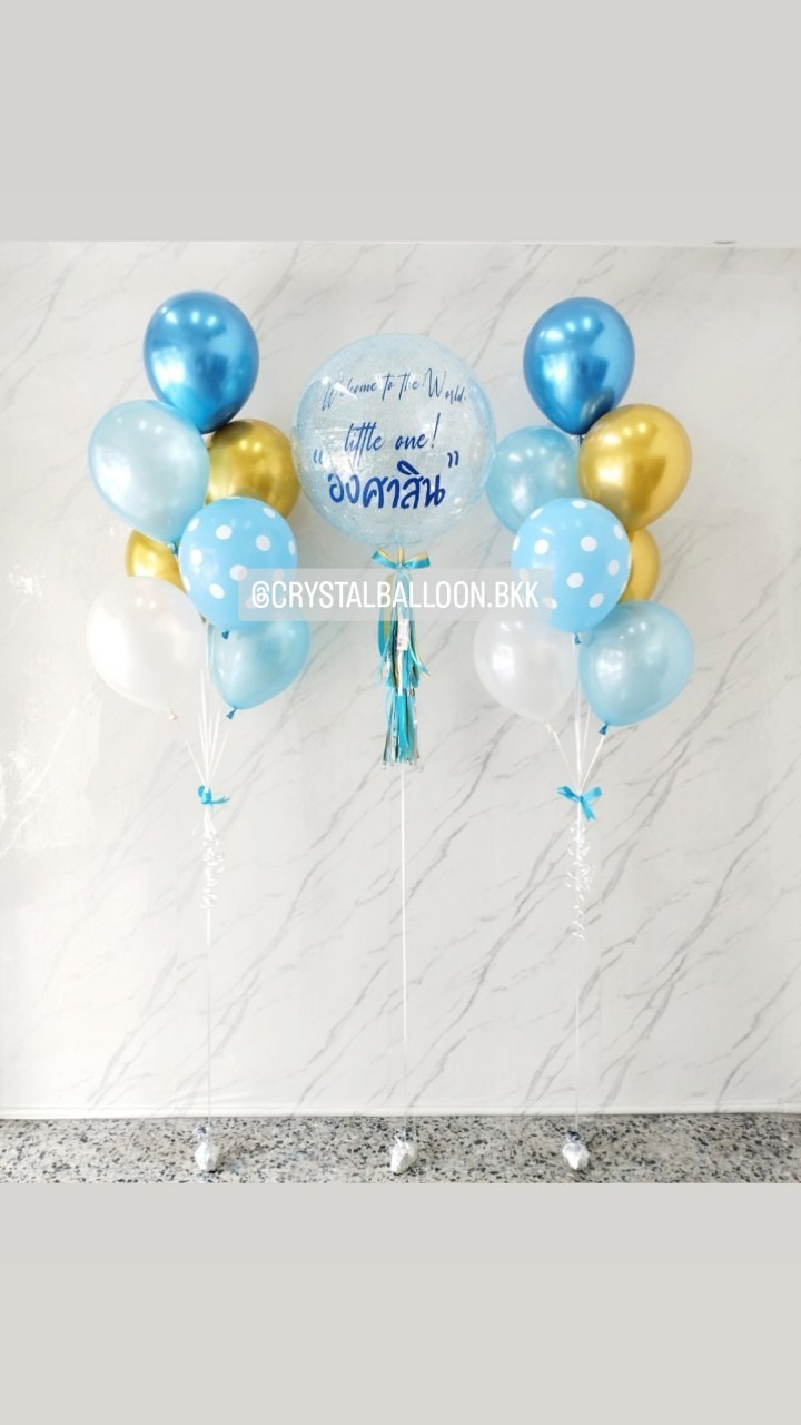 ลูกโป่ง Welcome Baby Bubble ขนาด 24" กลิตเตอร์สีฟ้า พร้อม ช่อลูกโป่ง ช่อ 7 ลูก 2 ช่อ พร้อมตกแต่ง สามารถเปลี่ยนสีลูกโป่ง/เปลี่ยนข้อความ/เปลี่ยนขนาดได้