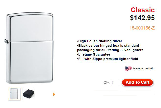 ไฟแช็ค Zippo แท้ ฺ เคสผลิตจากเงินแท้ " Zippo 15 Sterling Silver High Polish Finish Velour Box" แท้นำเข้า 100%