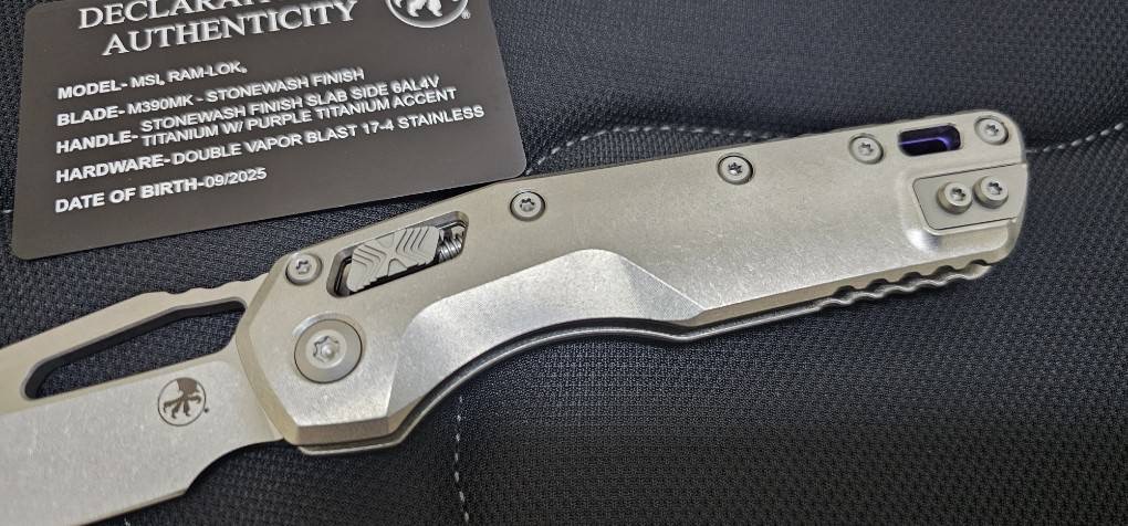 Microtech Marfione Select MSI RAM LOK Titanium Handles w/ Double Vapor Blast & Purple Accents & Stonewash M390MK