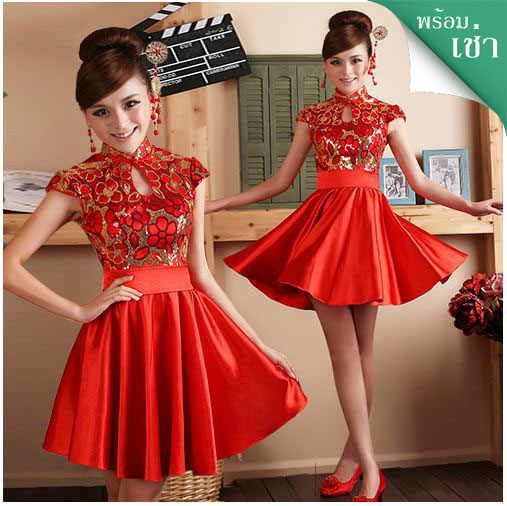 พร้อมเช่า ชุดแฟนซี เช่า 500 ชุดราตรีสั้น ชุดกี่เพ้า คอจีน สีแดง กระโปรงจับจีบสวย