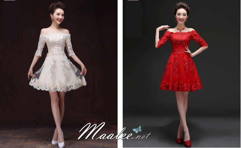 พร้อมส่ง ชุดราตรีสั้น แบบปาดไหล่ ตัวชุดลูกไม้ปักดิ้น กระโปรงตาข่าย สีแดง