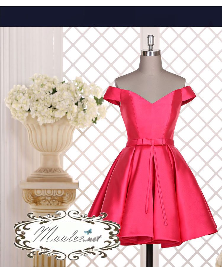 พร้อมส่ง ชุดราตรีสั้น แบบปาดไหล่ ผ้าซาตินเรียบหรู กระโปรงทรงA แต่งโบว์2ชั้น ช่วงเอว สีชมพู Hot pink (เชือกผูกหลัง)