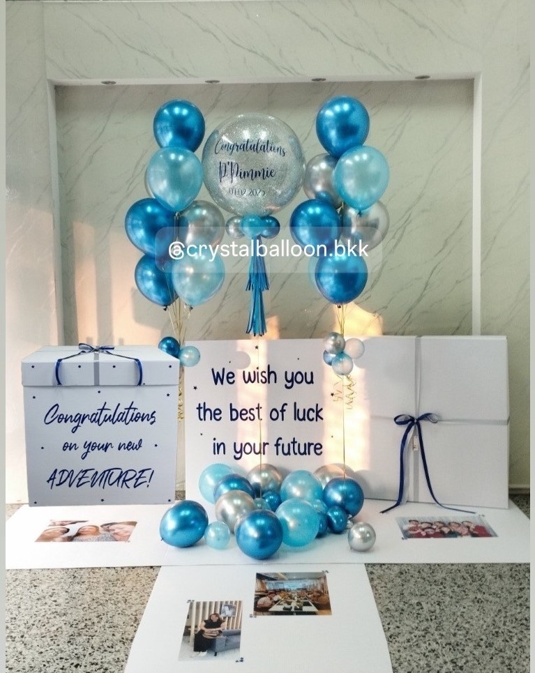 Jumbo Box 36" Happy Birthday Surprise Box กล่องเซอร์ไพรส์วันเกิด Bubble USA ขนาด 24"กลิตเตอร์สีฟ้ามุก ,ลูกโป่งช่อ 7 ลูก 2 ช่อ พร้อมตกแต่ง สามารถใส่รูปได้ 4 ใบ สามารถเปลี่ยนสีลูกโป่ง/เปลี่ยนข้อความได้