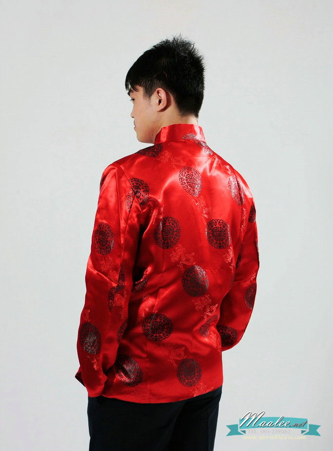 Pre-order ชุดจีน ชาย เสื้อคอจีน ผ้าไหมจีน ทอลาย สีแดง - ดำ
