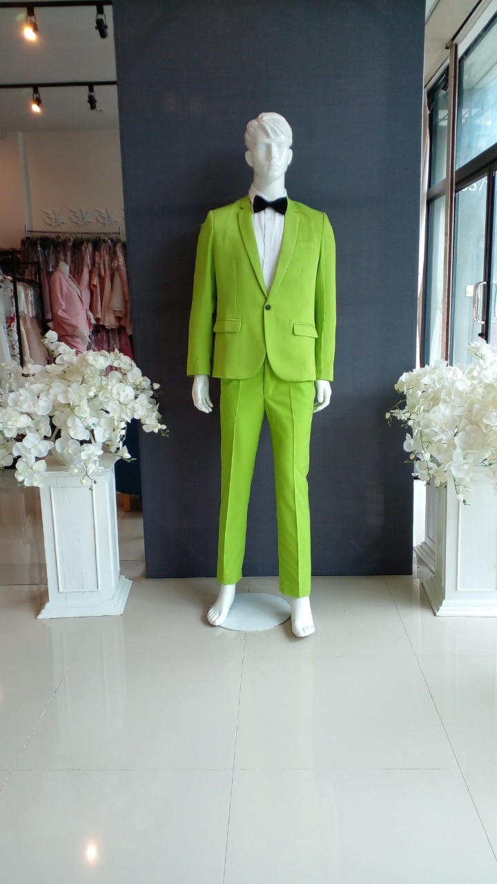 พร้อมเช่า ชุดสูทชาย สีเขียวอ่อน สไตล์เกาหลี (ไม่มีเสื้อกั๊ก)