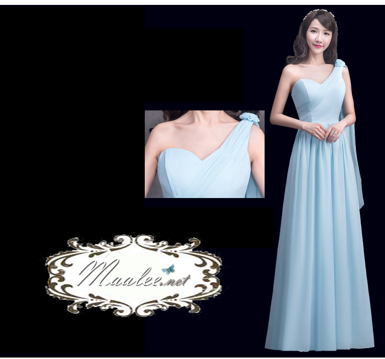 พร้อมเช่า ชุดราตรียาว สีฟ้า ชุดเพื่อนเจ้าสาว Blue-003D ไหล่เดียวผ้าชีฟอง อกจับจีบ เพิ่มดอกตรงไหล่ ทิ้งชายด้านหลัง