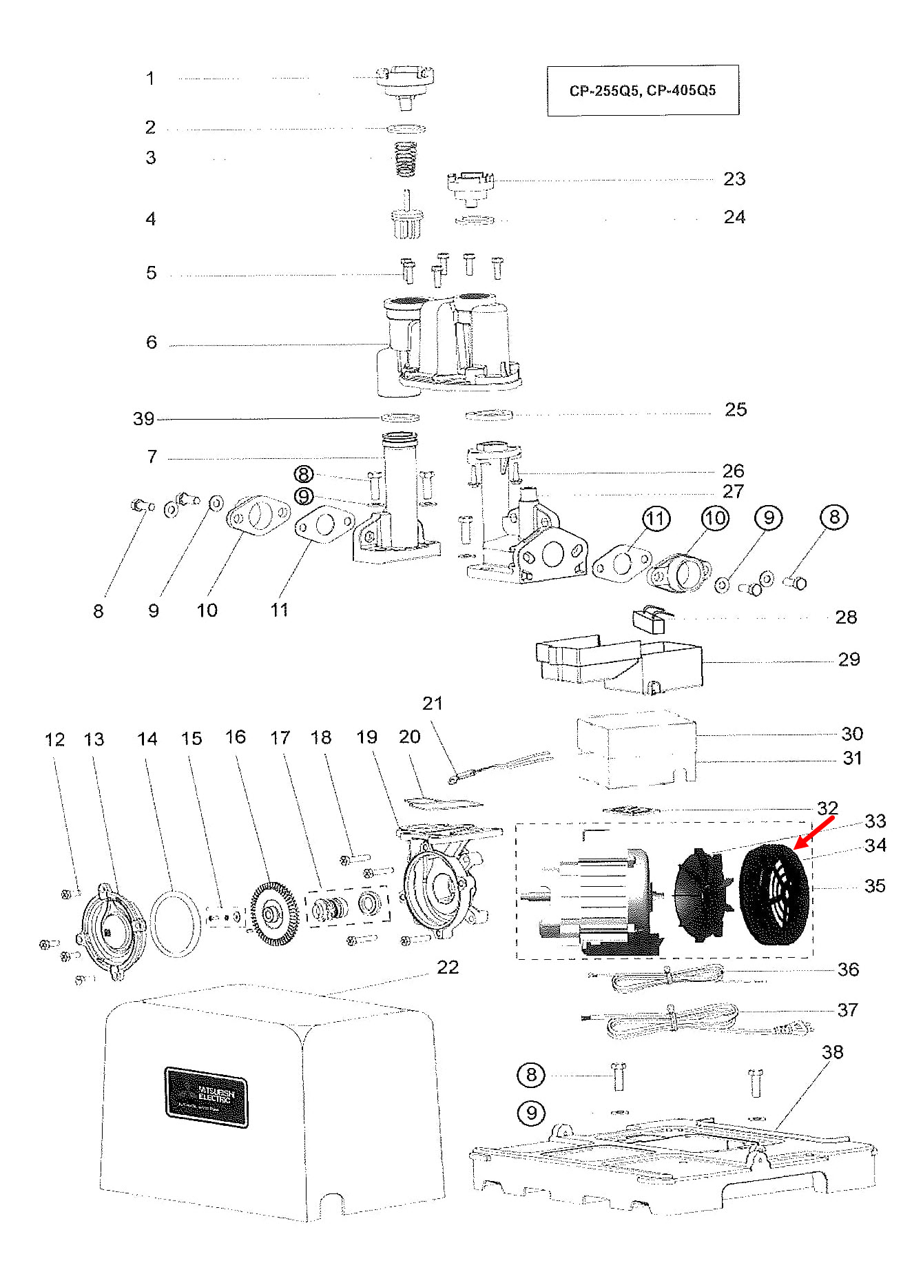 #A63 ฝาปิดใบพัดระบายความร้อน ปั้มน้ำ มิตซู WP-205, WP-255, WP-305, WP-355, WP-405, EP-205, EP-255, EP-305, EP-355, EP-405, CP-255, CP-405 Pn.H07102P01 (แท้)