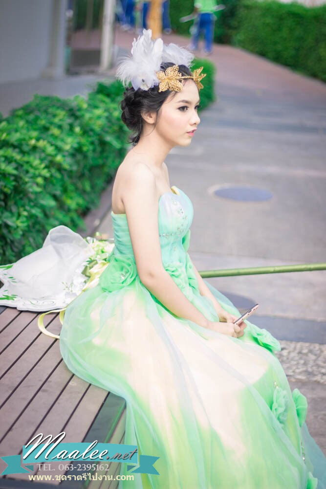 พร้อมเช่า ชุดแฟนซี เกาะอก สีเขียว อกจับจีบปักเลื่อม และดอก น่ารักมาก ใส่ถ่ายพรีเวดดิ้งได้