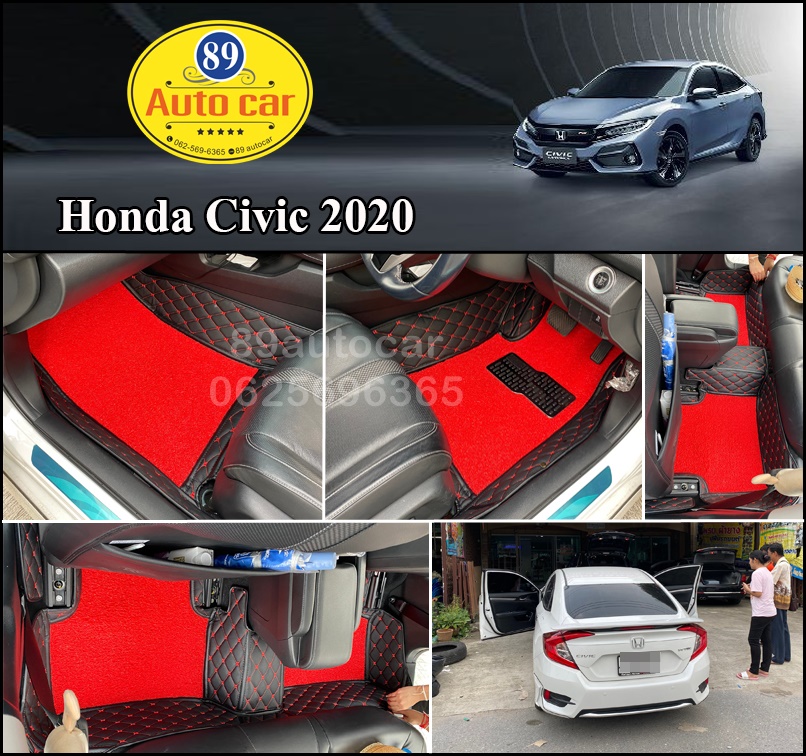 ขายพรมในรถยนต์ Honda Civic 2019 ปูพรม8D สีดำด้ายแดง เย็บติด ไวนิลดักฝุ่นสีแดง