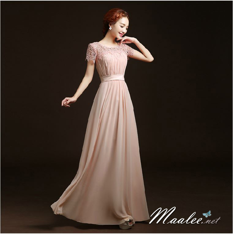 พร้อมเช่า ชุดราตรียาว ลูกไม้ กระโปรงผ้าชีฟอง อกจับจีบ เรียบหรู สีชมพู