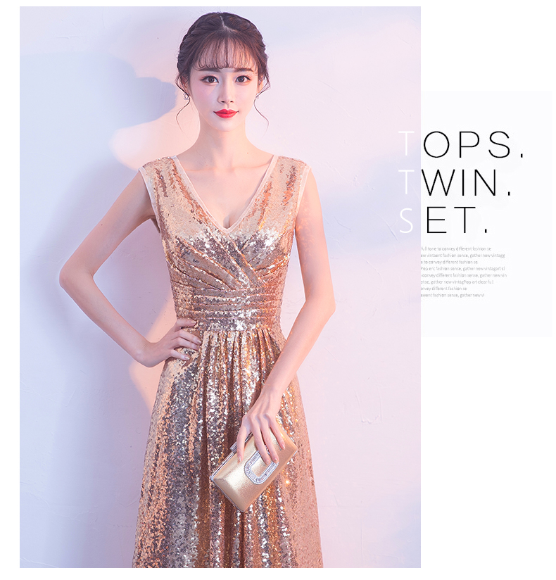 พร้อมเช่า ชุดราตรียาว แขนกุด สี Rose Gold แต่งเลื่อมทั้งตัว จับจีบช่วงเอว สวยหรู (ซิปหลัง)