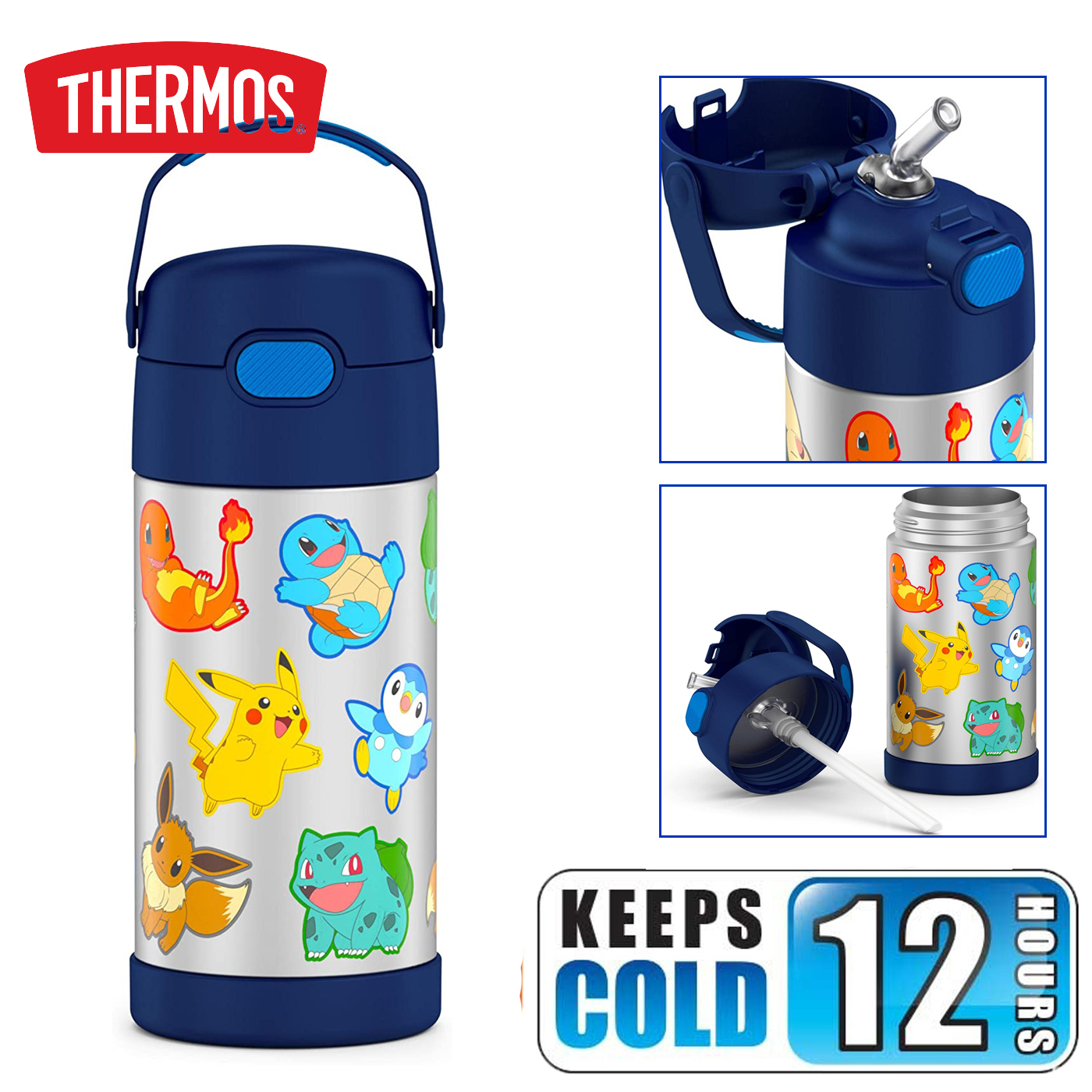 New กระติกน้ำเก็บความเย็น มีหูหิ้ว Pokemon Thermos Vacuum Insulated Stainless Steel 12 Ounce