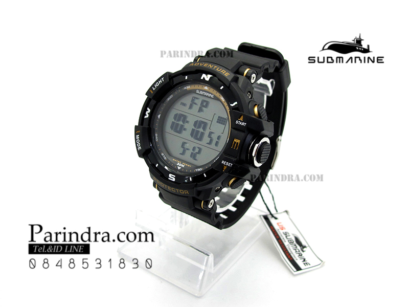 นาฬิกา US submarine TP1338M สีดำ-ทอง พื้นหลังเทา กรอบเข็มทิศระบบDigital
