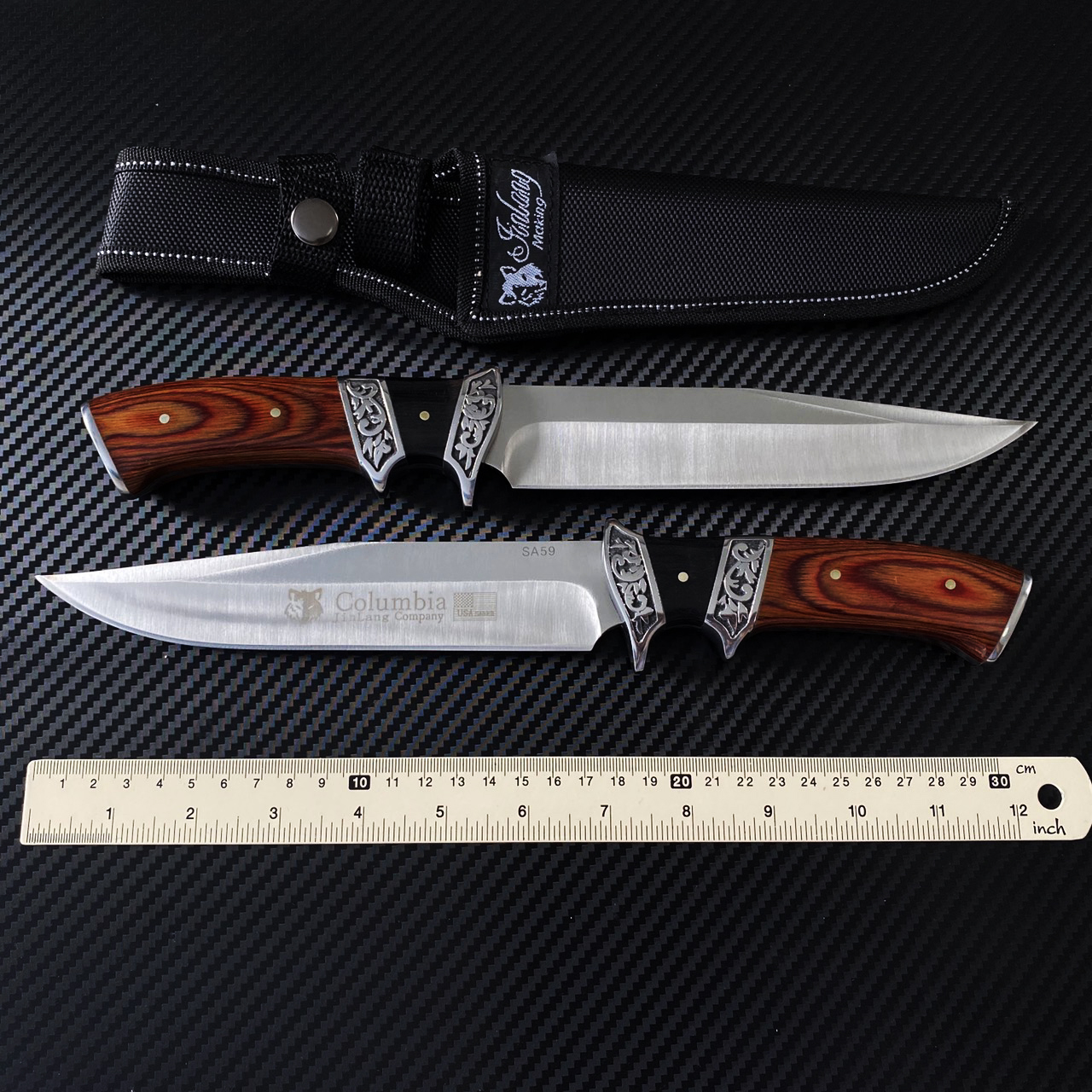 มีดเดินป่า COLUMBIA รุ่น SA59 ด้ามไม้แท้มีลวดลาย การ์ดนิ้ว 2 ชั้น ทรงใบมีดสวย