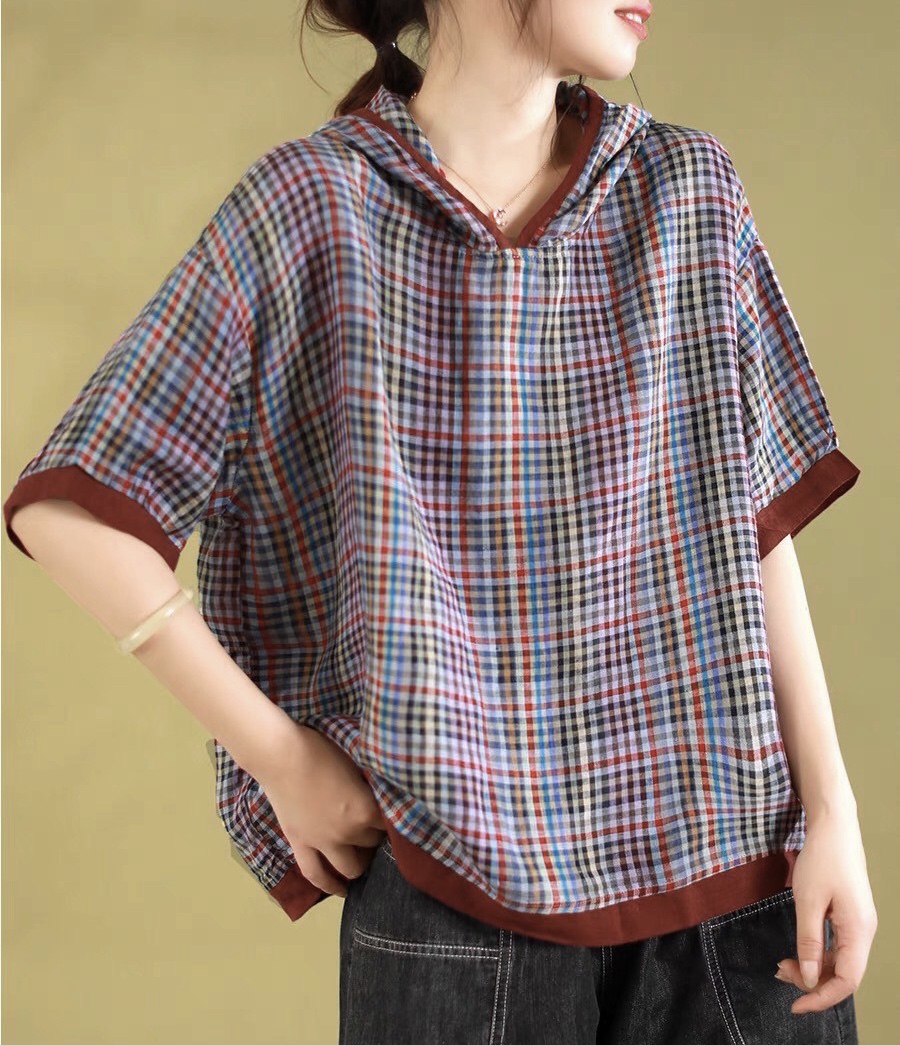เสื้อฮู้ดผ้าลินินลายสก็อต