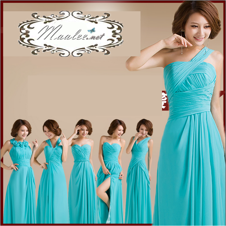 พร้อมเช่า ชุดเพื่อนเจ้าสาว ชุดราตรียาว ผ้าชีฟอง สีฟ้า เทอร์ควอยส์ แบบ F