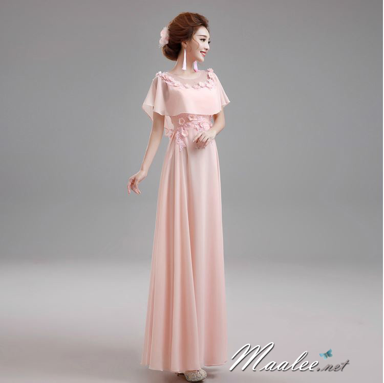 พร้อมเช่า ชุดราตรียาว แบบปิดไหล่ ผ้าชีฟอง แต่งดอกและลูกปัดสวย สีชมพู