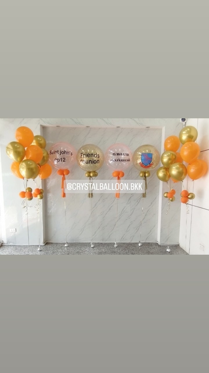 ลูกโป่ง เปิดงาน Bubble ขนาด 24" กลิตเตอร์สีทอง 2 ลูก พร้อม Bubble ขนาด 24" กลิตเตอร์สีส้ม 2 ลูก,ช่อลูกโป่ง ช่อ 5 ลูก 4 ช่อ พร้อมตกแต่ง สามารถเปลี่ยนสีลูกโป่ง/เปลี่ยนข้อความ/เปลี่ยนขนาดได้