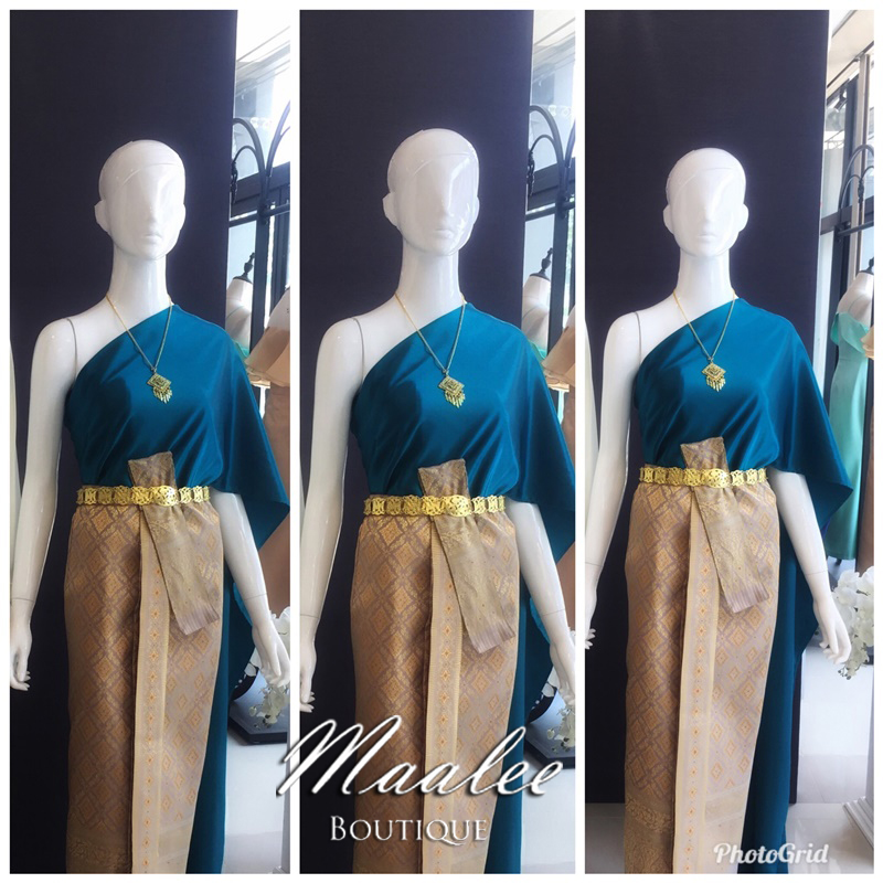 เช่า ชุดไทย ชุดเพื่อนเจ้าสาว ชุดไทยผ้าถุงสีทอง สไบเรียบ สีน้ำทะเล