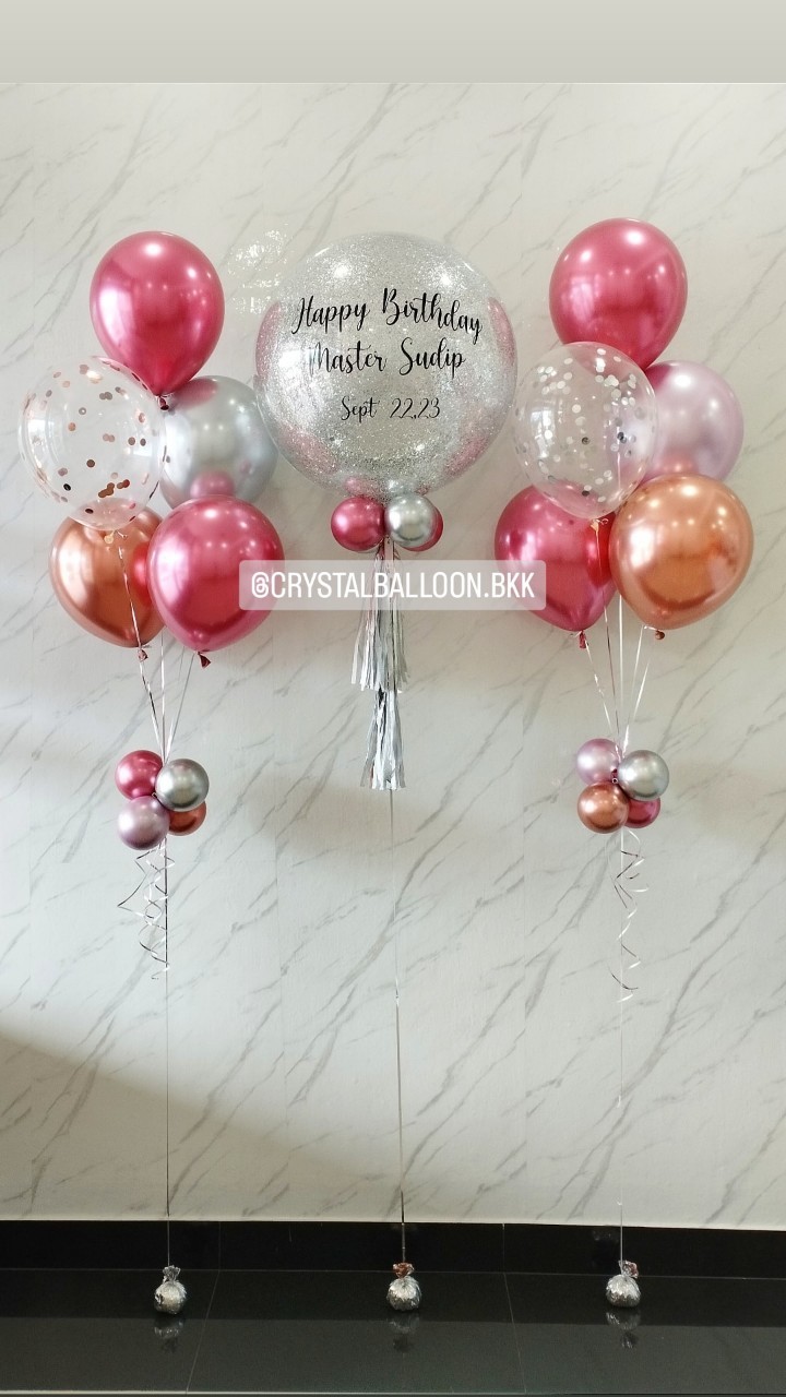 ลูกโป่ง วันเกิด Bubble ขนาด 24" กลิตเตอร์สีเงิน พร้อม ช่อลูกโป่ง ช่อ 5 ลูก 2 ช่อ พร้อมมตกเเต่ง สามารถเปลี่ยนสีลูกโป่ง/เปลี่ยนขนาด/เปลี่ยนข้อความได้