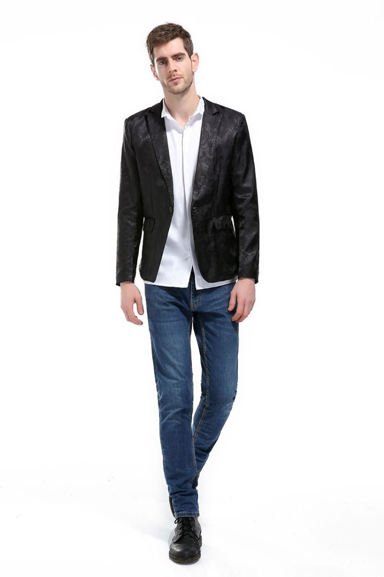 พร้อมเช่า ชุดสูทชาย สีดำ พิมพ์ลาย เนื้อผ้าแพรแบบหรูมาก