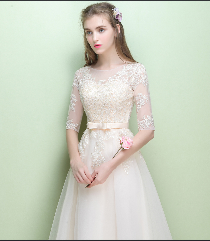 Pro-order เดรส สีครีม แขนยาว ปาดไหล่ ลูกไม้ ถ่ายพรีเวดดิ้ง (ซิปหลัง)