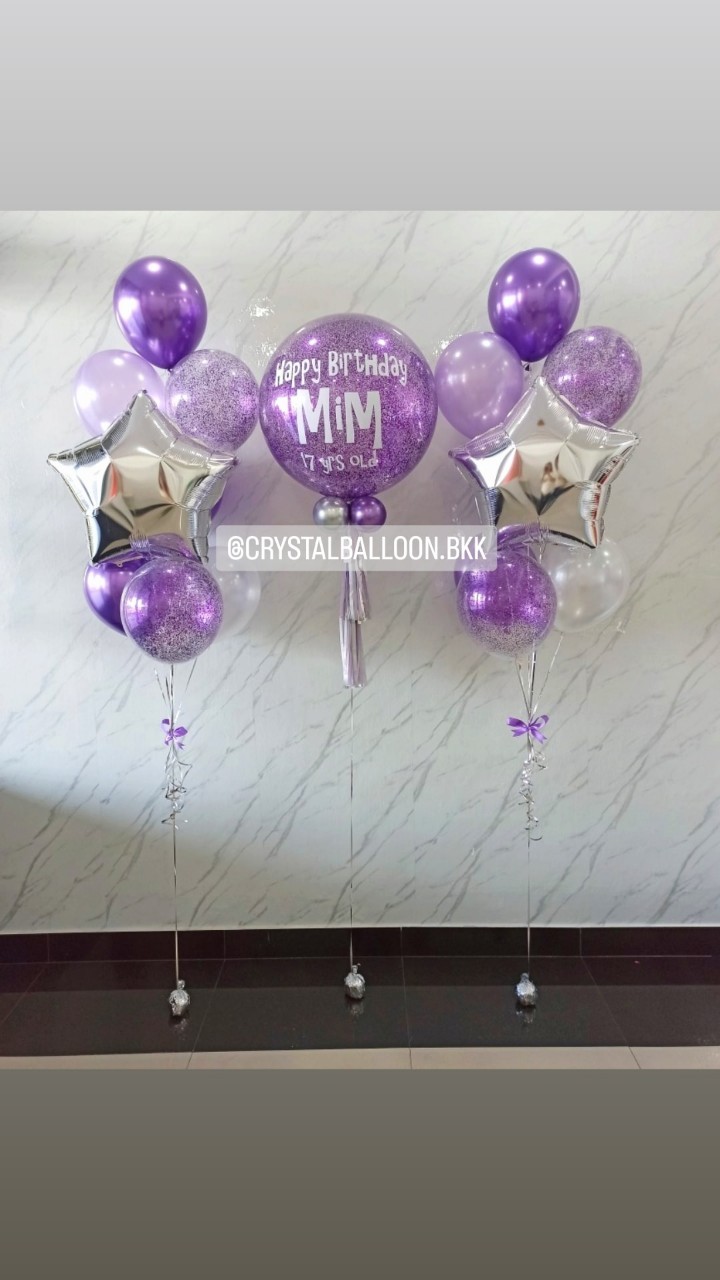 ลูกโป่ง วันเกิด Bubble ขนาด 24" กลิตเตอร์สีม่วง พร้อม ช่อลูกโป่งฟอยล์ดาว ขนาด 24" ช่อ 8 ลูก 2 ช่อ พร้อมตกแต่ง สามารถเปลี่ยนสีลูกโป่ง/เปลี่ยนข้อความ/เปลี่ยนขนาด/เปลี่ยนสี-ฟอยล์ตกแต่งได้