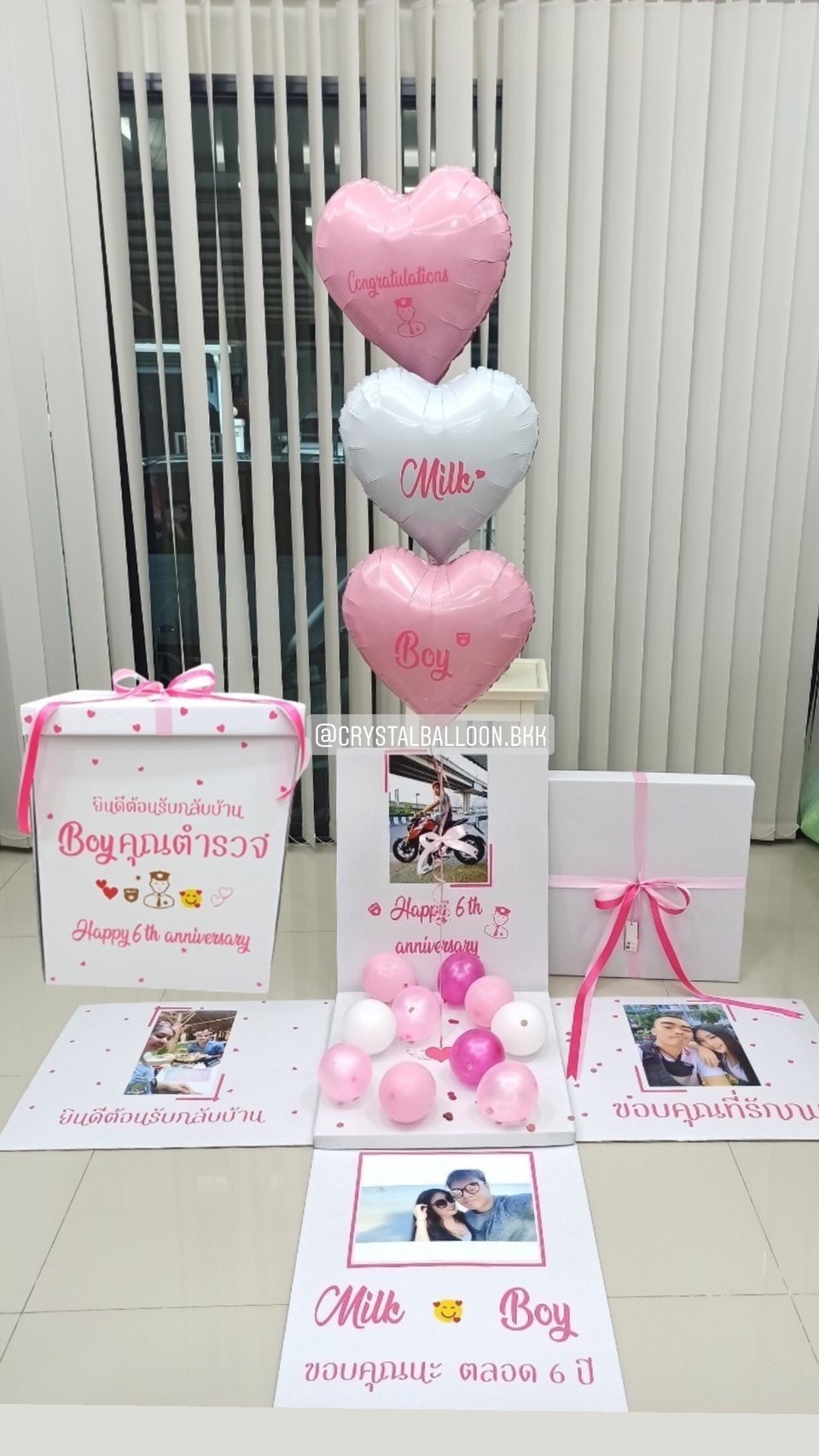 Happy Anniversary ครบรอบ แบบกล่อง ยอดนิยม พร้อมตกแต่ง ฟอยล์หัวใจ ขนาด 18" 3 ชิ้น,สามารถใส่รูปได้ 4 ใบ สามารถเปลี่ยนสีลูกโป่ง/เปลี่ยนข้อความได้