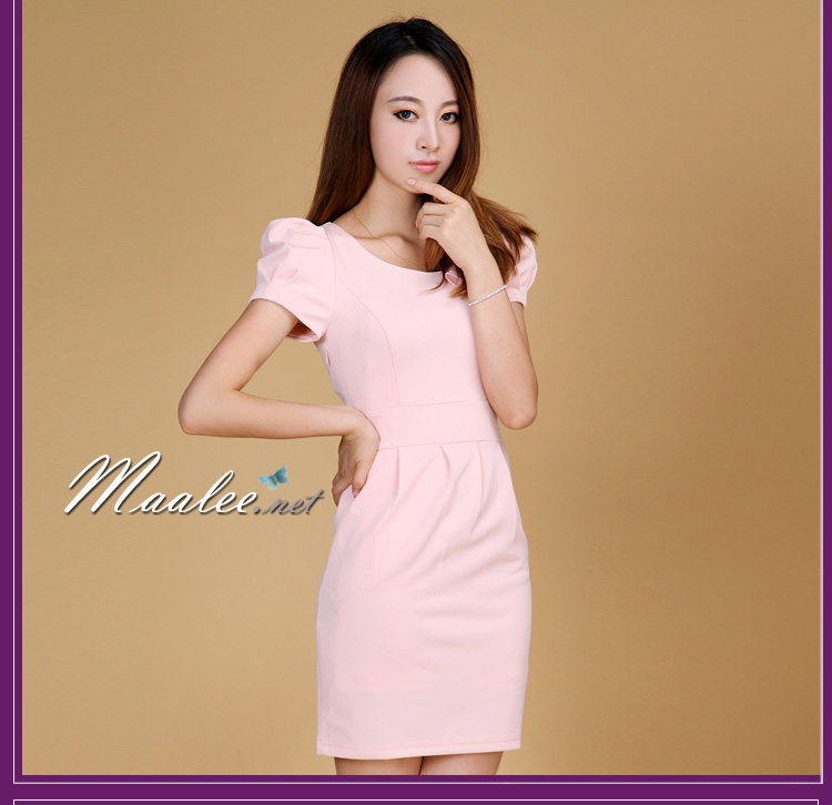 Sale ชุดราตรีสั้น แขนสั้น สีชมพู แต่งดอกไม้ช่วงคอ (เหลือเฉพาะ M , L )