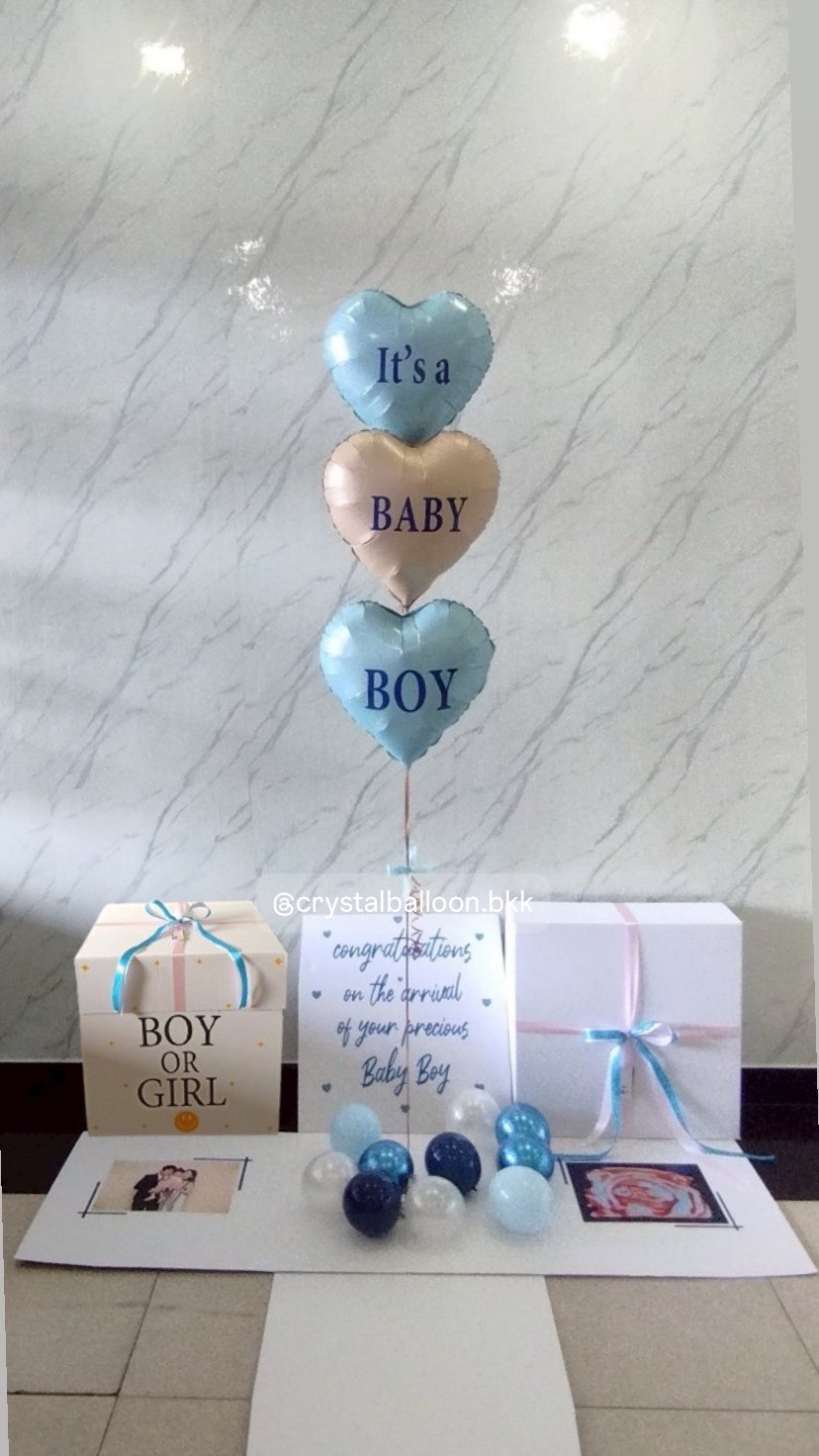 Gender Reveal Surprise Box กล่องเซอร์ไพรส์ทายเพศ พร้อม ฟอยล์หัวใจ 18" 3 ชิ้น พร้อมตกเเต่ง สามารถใส่รูปได้ 2 ใบ สามารถเปลี่ยนสีลูกโป่ง/เปลี่ยนข้อความ/เปลี่ยนสีฟอยล์ตกเเต่งได้