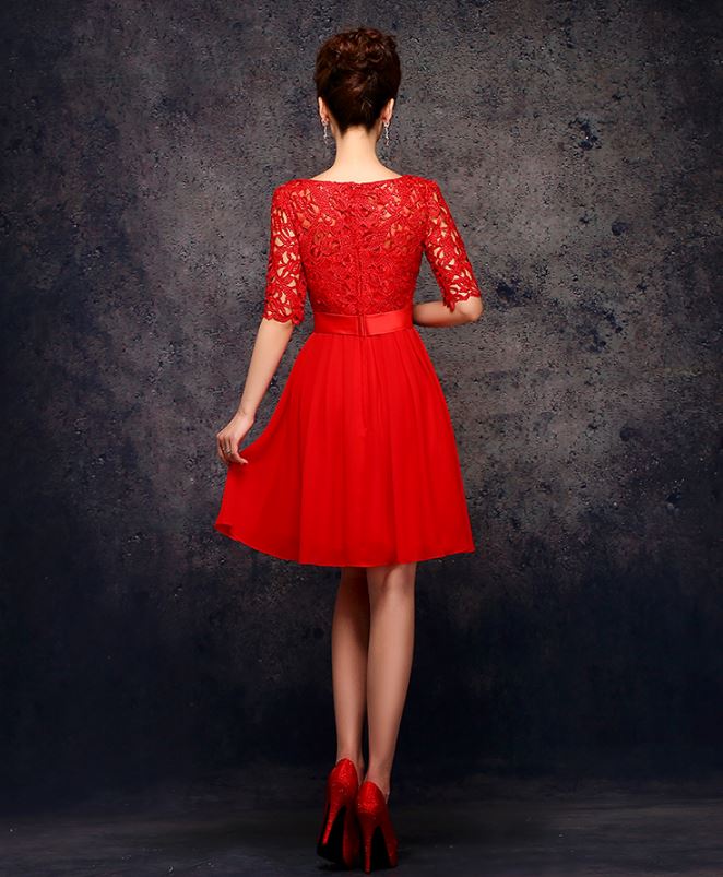 พร้อมส่ง ชุดราตรีสั้น สีแดง แขนสามส่วน ลูกไม้ฉลุ กระโปรงผ้าชีฟอง