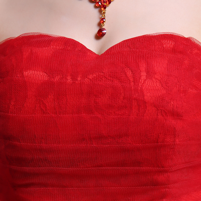 พร้อมส่ง ชุดราตรียาว เกาะอกลูกไม้ คลุมผ้าตาข่ายชั้นนอก แต่งโบว์ช่วงเอว สีแดง