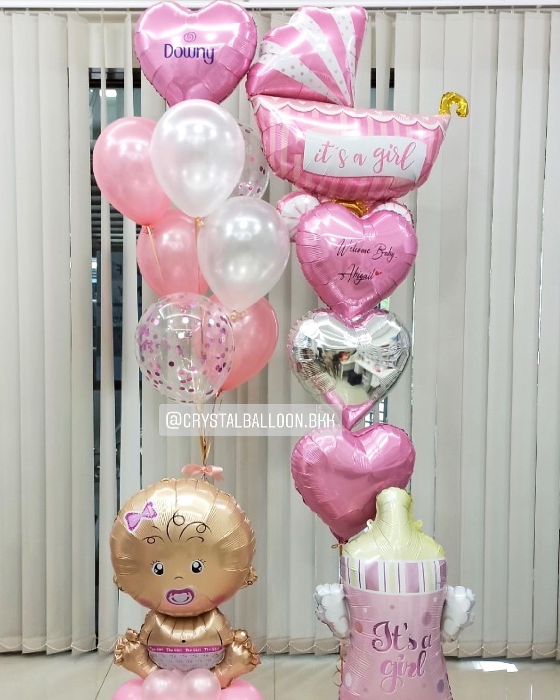 ลูกโป่ง Welcome Baby Girl พร้อม ช่อลูกโป่งฟอยล์หัวใจ 18" 1 ช่อ,ช่อลูกโป่งฟอยล์รถเข็ญใหญ่ 1 ช่อ พร้อมตกแต่ง ฟอยล์เด็ก ตั้งฐาน 1 ชิ้น,ฟอยล์ขวดนม ตั้งฐาน 1 ชิ้น สามารถเปลี่ยนสีลูกโป่ง/เปลี่ยนข้อความ/เปลี่ยนสี-ฟอยล์ตกแต่งได้