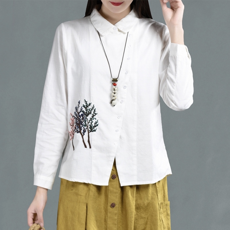 เสื้อผ้าฝ้ายปักลายแต่งกระดุมเฉียง