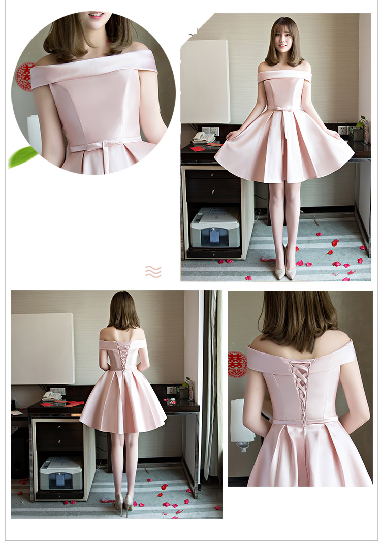 พร้อมเช่า ชุดเดรสสั้น ชุดออกงาน แบบปาดไหล่ สีชมพูโอโรส น่ารักสวยหวาน