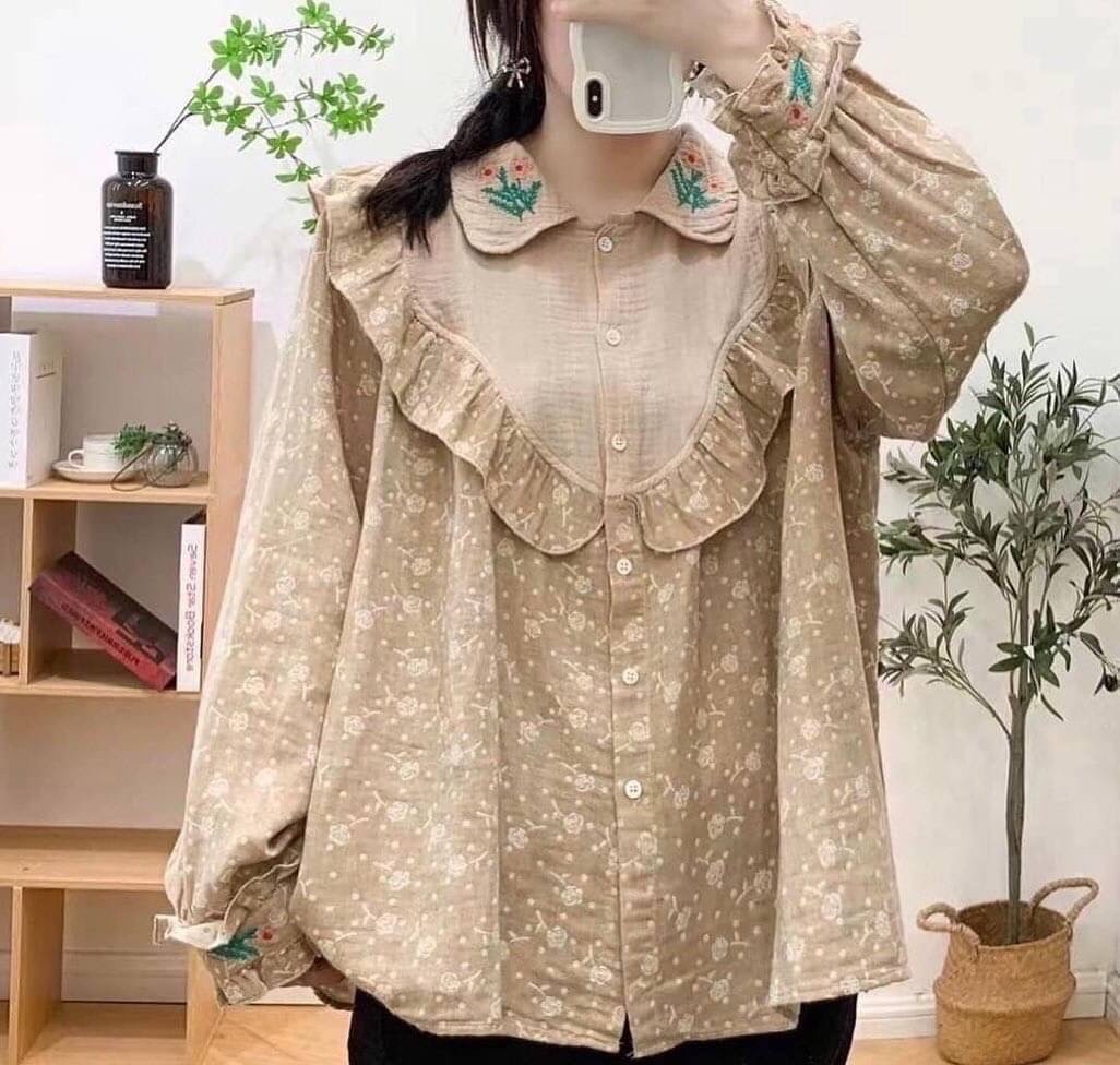 เสื้อผ้าฝ้ายนุ่มลายดอกไม้ลายปักแต่งระบาย