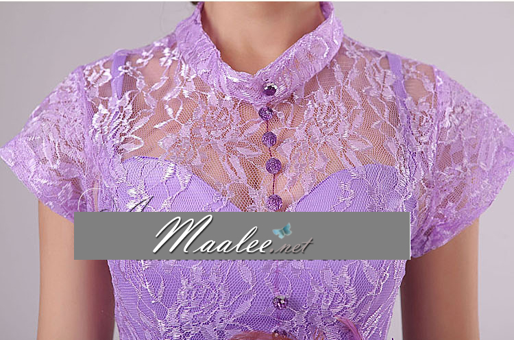 พร้อมส่ง ชุดราตรียาว ลูกไม้หวาน แขนสั้น แต่งเอวดอกไม้ กระโปรงผ้าชีฟอง สีแดง