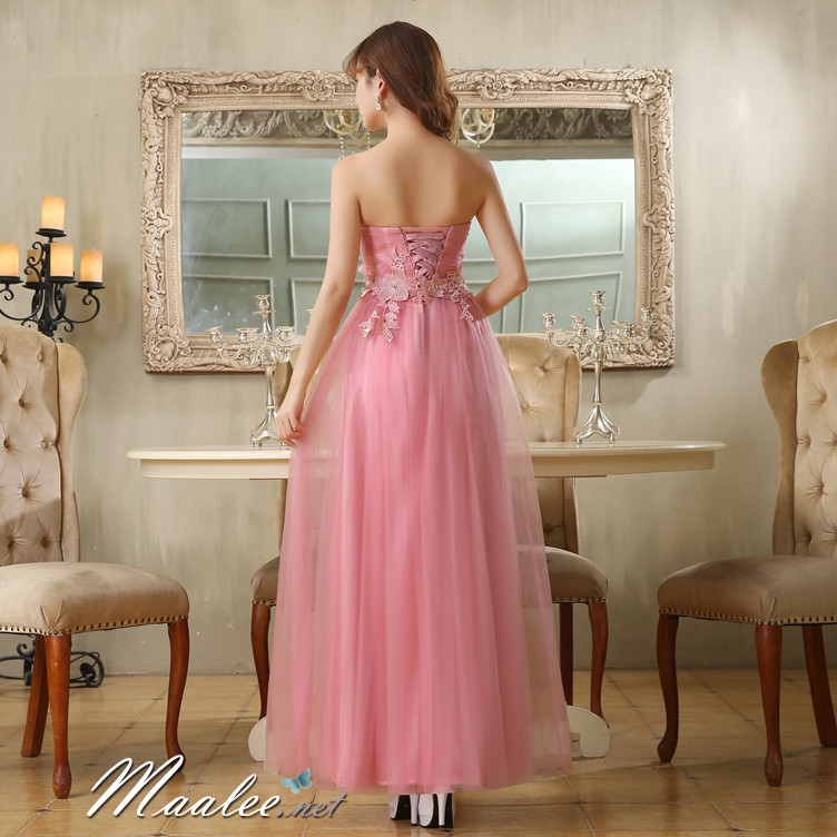 พร้อมส่ง ชุดราตรียาว เกาะอก สีชมพูหวาน ผ้าตาข่ายทั้งชุด อกจับจีบ แต่งดอกคาดเอว & พร้อมเม็ดคริสตัลหรู (เหลือสีชมพูอ่อน)