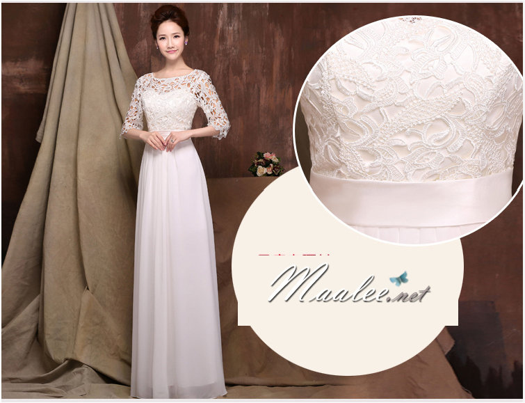 พร้อมส่ง ชุดราตรียาว สีครีม แขนสามส่วน ลูกไม้ฉลุ กระโปรงผ้าชีฟอง