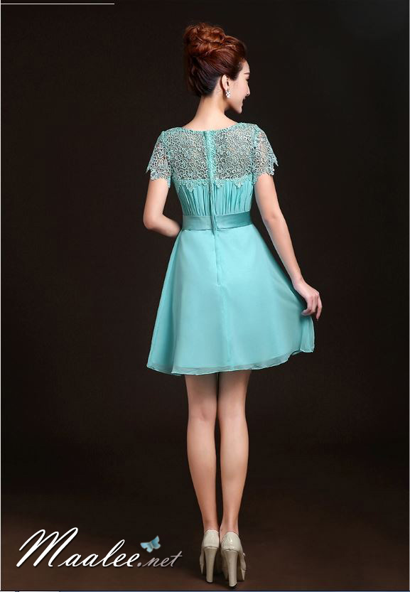 พร้อมเช่า ชุดราตรีสั้น ลูกไม้ กระโปรงผ้าชีฟอง อกจับจีบ เรียบหรู สีฟ้า (ซิปหลัง)