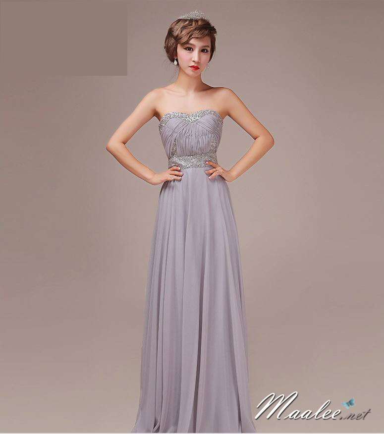 พร้อมส่ง ชุดราตรียาว เกาะอก แต่งเพชรหรู สีเทา