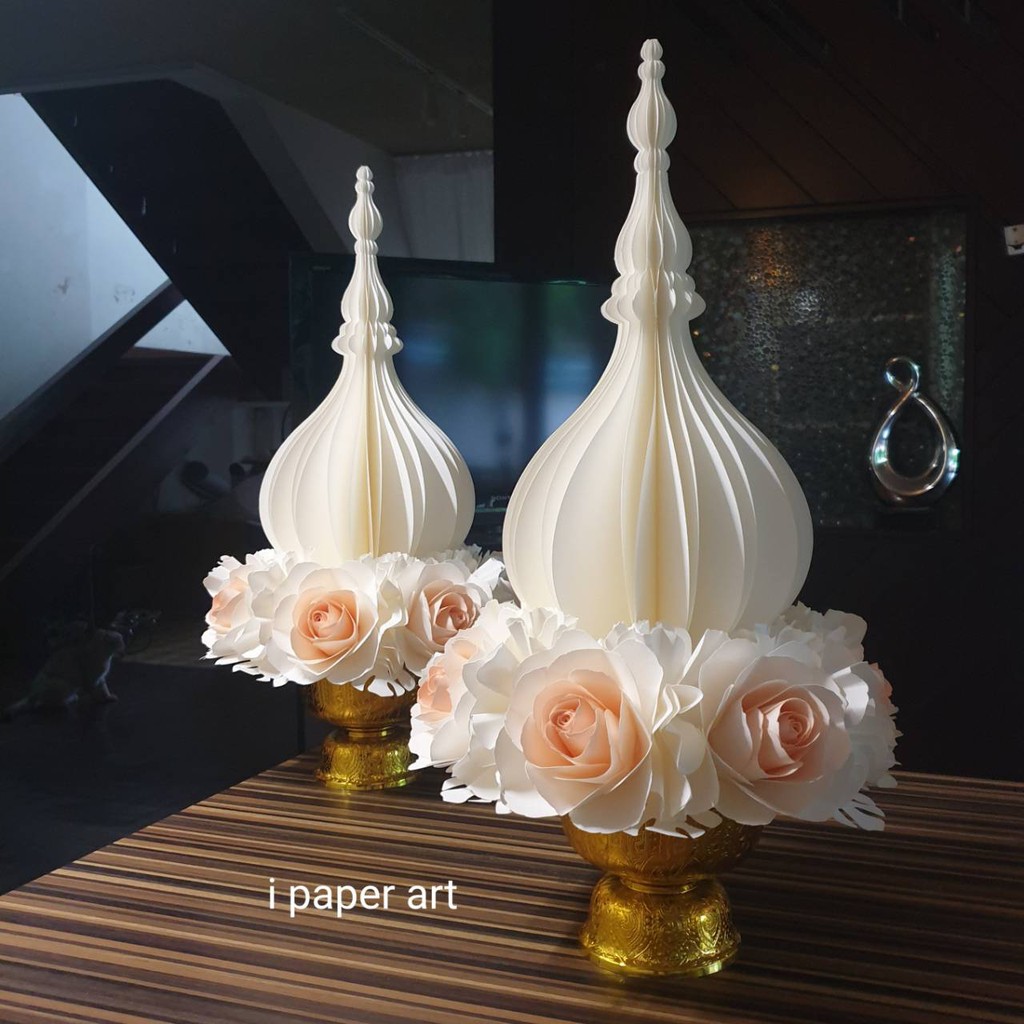 พานพุ่มเรืองแสงโคมไฟ เชิงเทียน LED แบบถ่านกระดุม งานไทยปราณีต | ประดับหิ้งบูชา พิธีการ