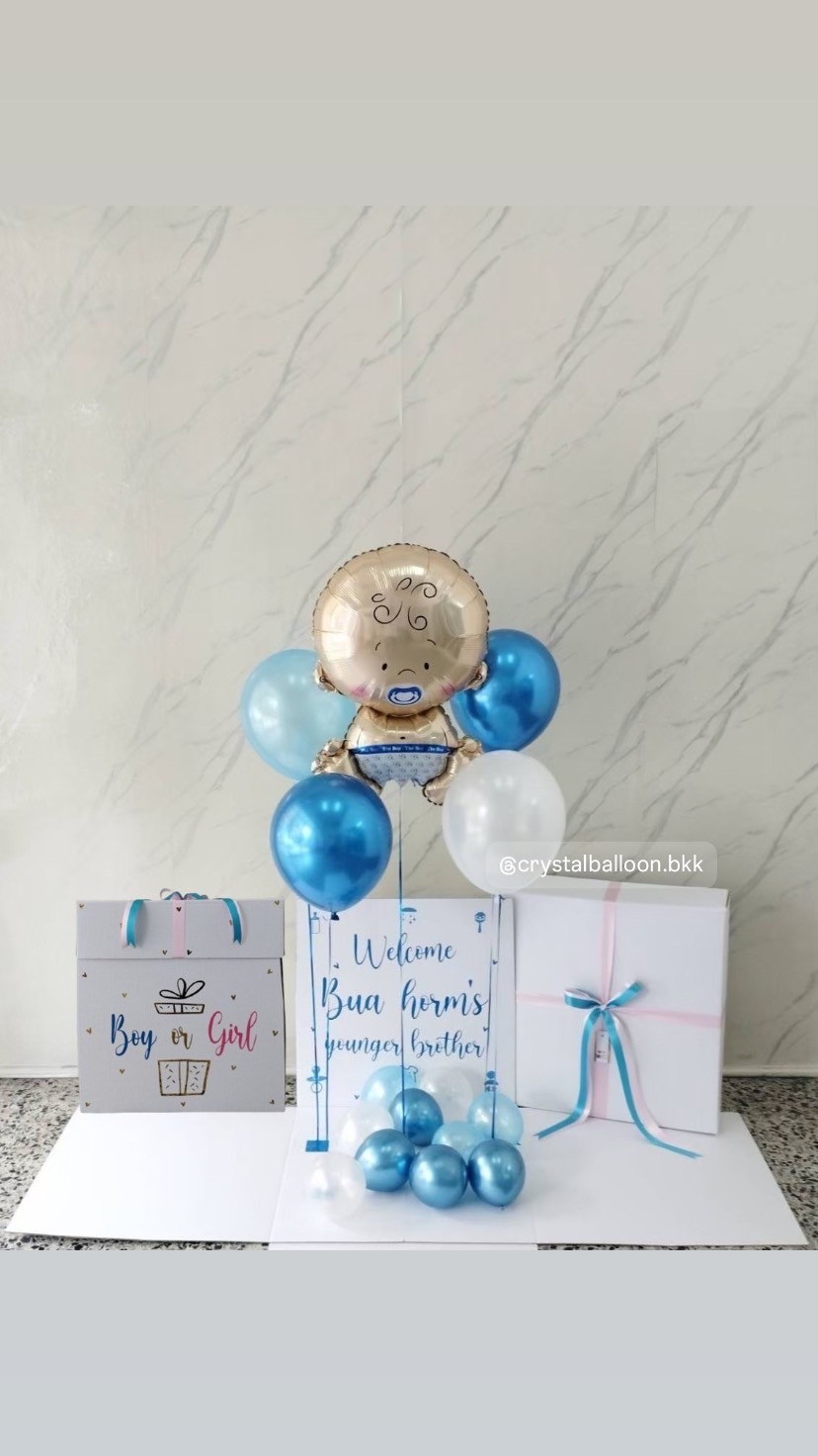 Gender Reveal Surprised Box กล่องเซอรไพรส์ทายเพศ พร้อมตกแต่ง ลูกโป่ง 4 ลูก ฟอยล์เด็กทารก 1 ชิ้น,สามารถใส่รูปได้ 2 รูป สามารถเปลี่ยนสีลูกโป่ง/เปลี่ยนสี-ฟอยล์ตกแต่ง/เปลี่ยนข้อความได้