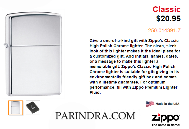 ไฟแช็ค Zippo แท้ สีเงิน " Zippo 250 High Polished Chrome " แท้นำเข้า 100%